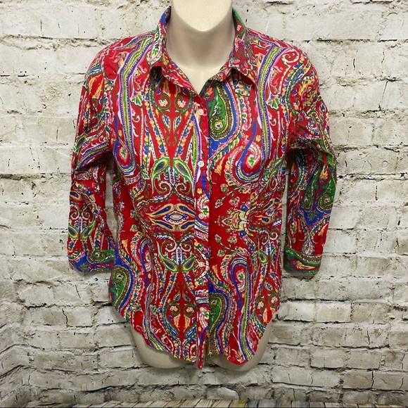 Lauren Ralph Lauren Red Floral 3/4 Sleeve Button Up - Picture 1 of 4